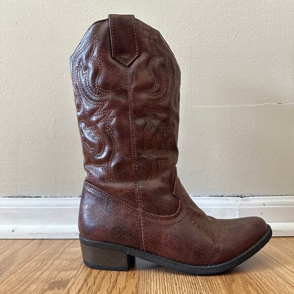 Cherokee Faux Leather YOUTH SIZE 2 Cowboy Boot Embroidered Western Brown - Picture 3 of 12